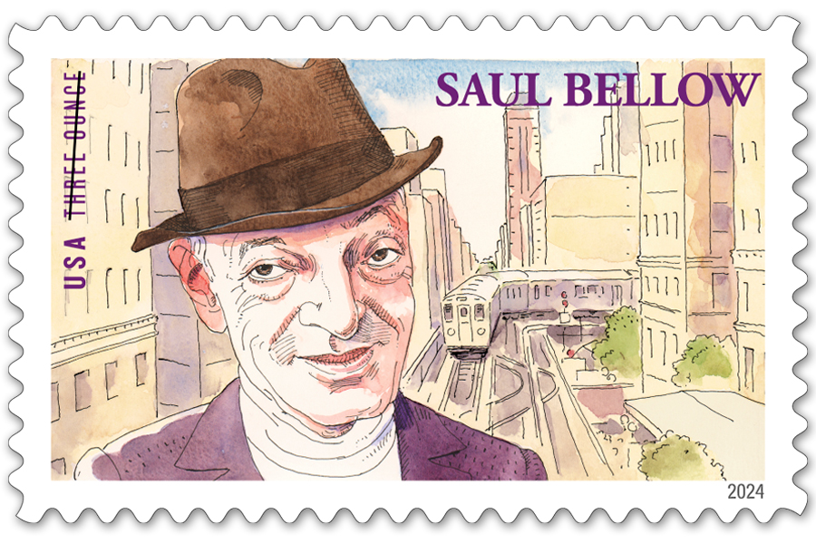 Stamp showing an illustrated portrait of a man in a fedora in front of a city scene