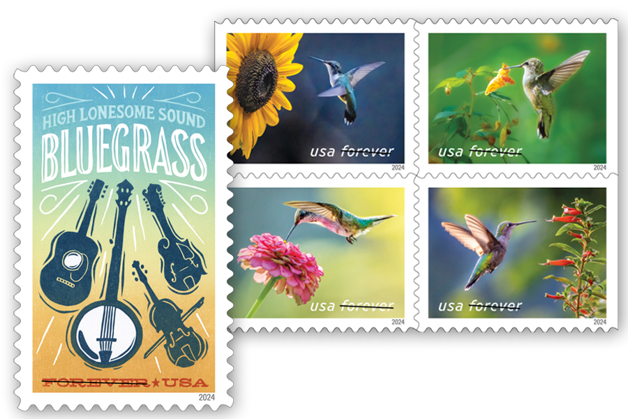 Pictured are the Bluegrass stamp displaying musical instruments and the pane showcasing the four Garden Delights stamps.
