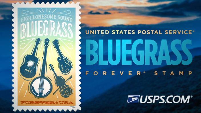 A graphic showing a postage stamp with an illustration of the Bluegrass stamp