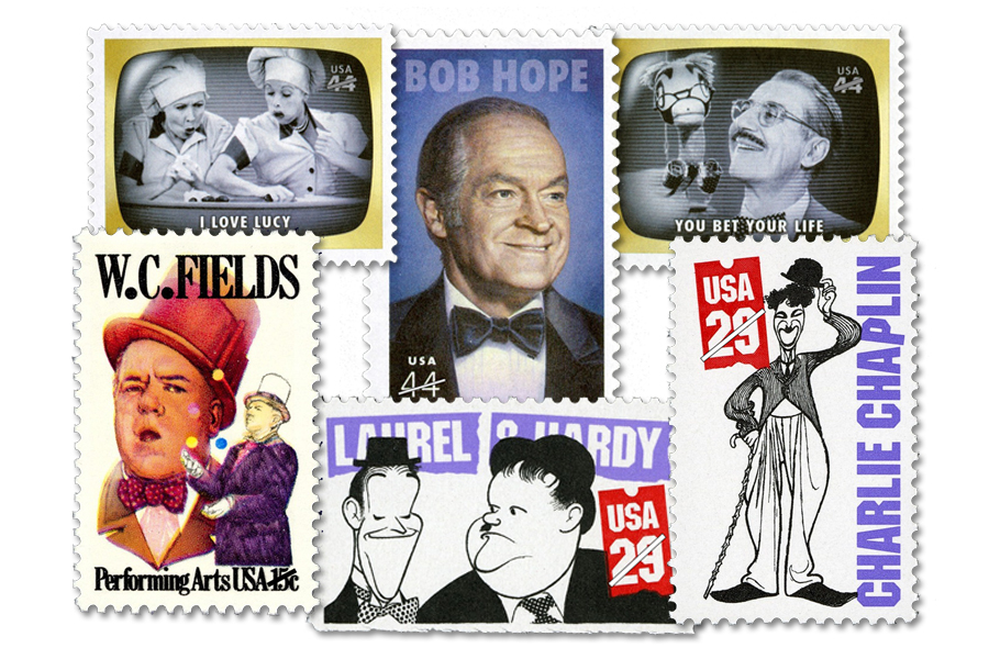 A collage of U.S. stamps featuring comedians