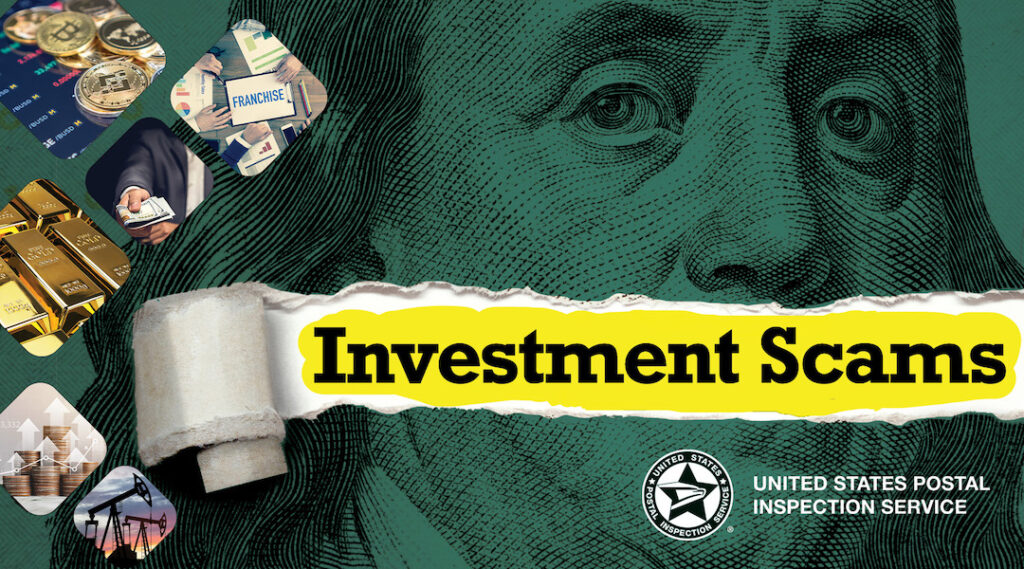 An image of Benjamin Franklin from the U.S. one hundred dollar bill with the words "investment scams" covering his mouth