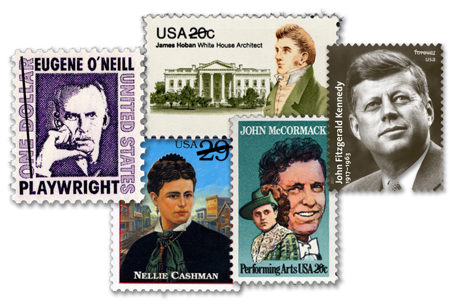 A collection of stamps honoring Americans of Irish descent