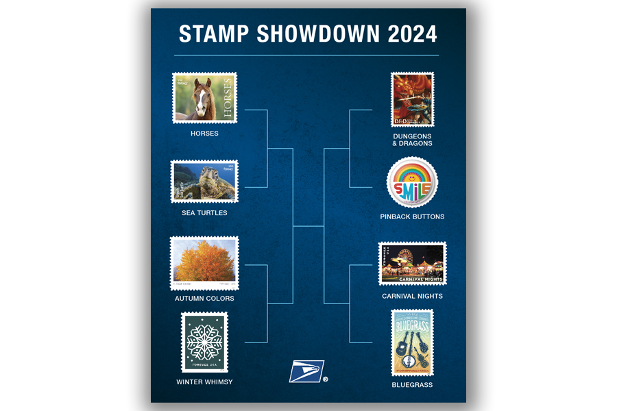 A tournament-style bracket showing eight USPS stamps as the teams.