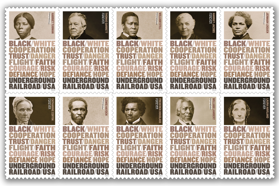 A sheet of stamps showing 10 sepia-toned portraits of Civil War era figures