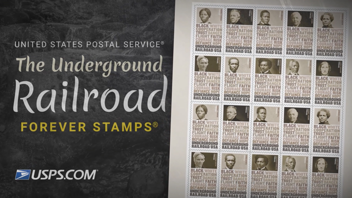 Title card from a video about the USPS Underground Railroad stamps.