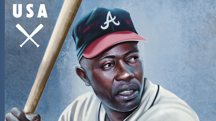 The Hank Aaron stamp shows the baseball player at bat.