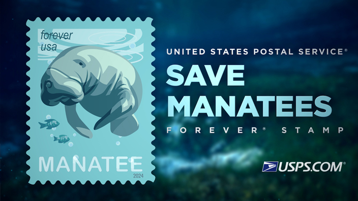 A graphic showing a postage stamp with an illustration of the Save Manatees stamp