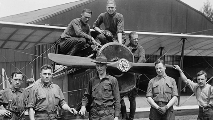 Eight men from the U.S. Army airmail ground crew at Potomac Park in Washington, DC, on May 15, 1918.