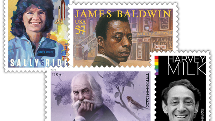 A collage of USPS stamps of LGBTQ+ individuals