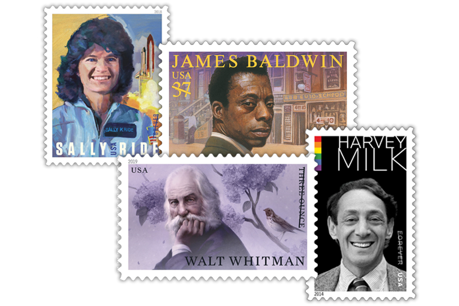 A collage of USPS stamps of LGBTQ+ individuals