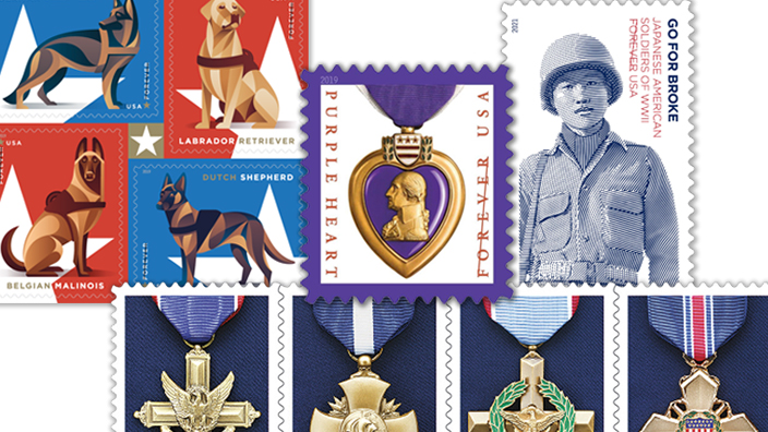 A composite of stamps honoring the armed forces