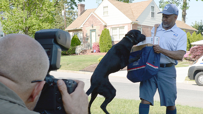 A photographer photograps a dog jumping up toward a letter carrier for USPS National Dog Bite Awareness Campaign