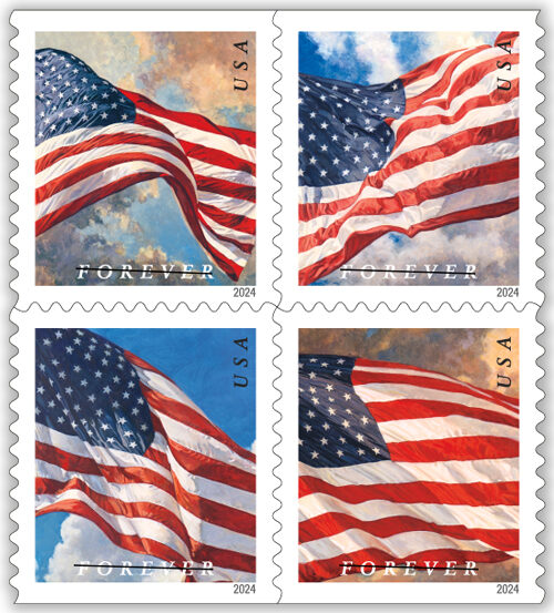 A pane of U.S. Flags stamps