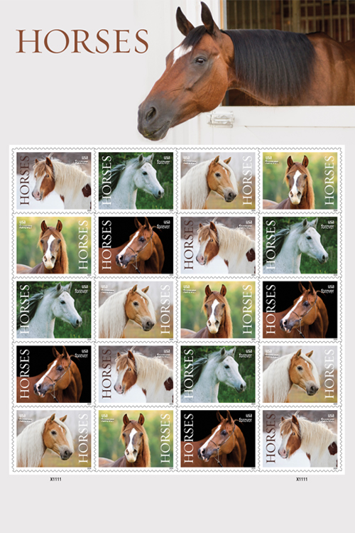 The Horses stamps pane of 20 features images of five horses.