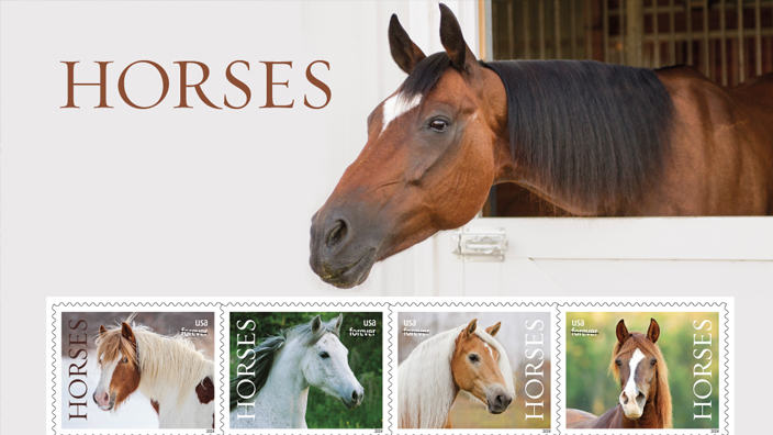 The pane of 20 USPS Horses stamps