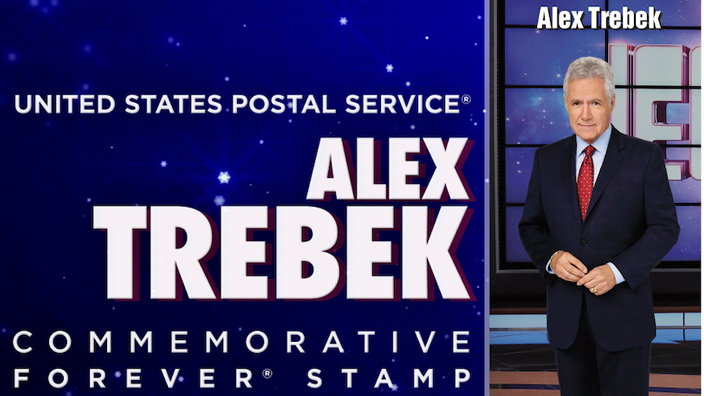 Graphic that shows Alex Trebek stamp sheet