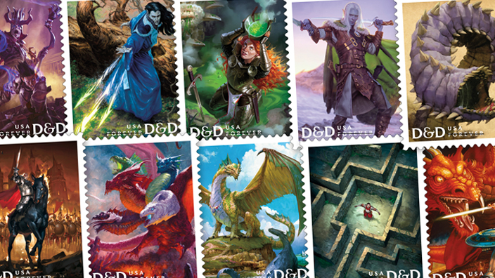 Stamps depicting sword and sorcery style characters