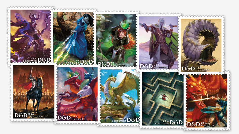 Stamps depicting sword and sorcery style characters