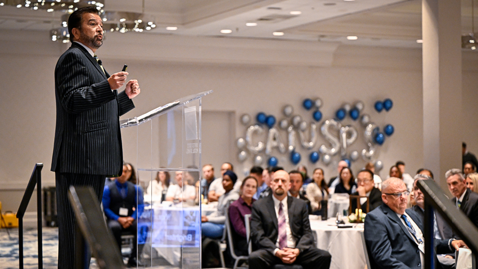 Eduardo H. Ruiz Jr., West-Pac Area vice president, speaks at a California 1 District career conference recently.