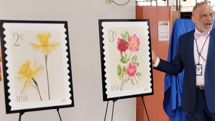 Mario Harris, Post Office operations manager for California 2 District, unveils the stamp images at the Berkeley, CA, Post Office.