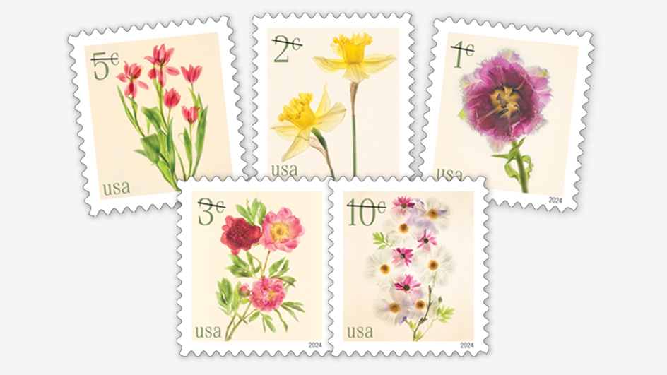 Each Low Denomination Flowers stamp will be available in panes of 20 and coils of 10,000.