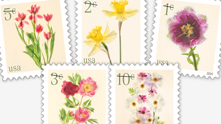 The five USPS Low Denomination Flowers stamps are displayed