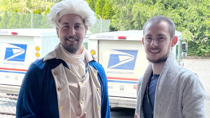 Lucas Wight, left, and Michael Hinkle get into the Independence Day spirit at the Maple Falls, WA, Post Office.