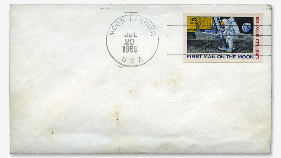 The “moon cover” bearing the July 20, 1969, postmark. (Courtesy of the National Postal Museum, Smithsonian Institution)