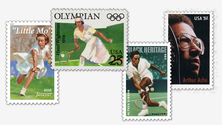 A collage of tennis stars who have been honored with stamps include Maureen “Little Mo” Connolly Brinker, Hazel Wightman, Althea Gibson and Arthur Ashe