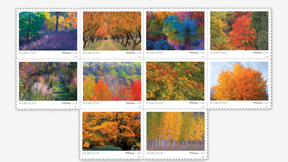 Ten stamps featuring colorful fall imagery