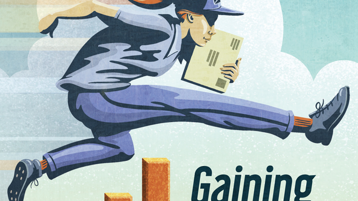 Magazine cover showing an illustration of a postal worker leaping