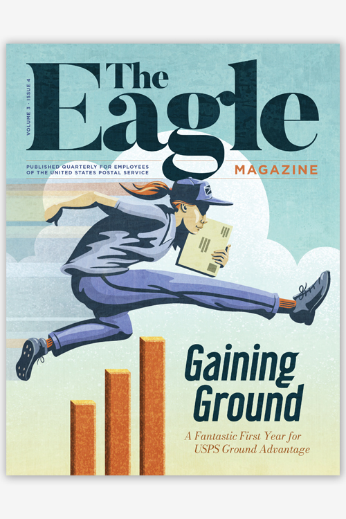 Magazine cover showing an illustration of a postal worker leaping