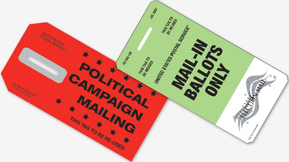 USPS uses Green Tag 191, Domestic and International Ballots, for Ballot Mail, while Red Tag 57, Political Campaign Mailing, is used for Political Mail.