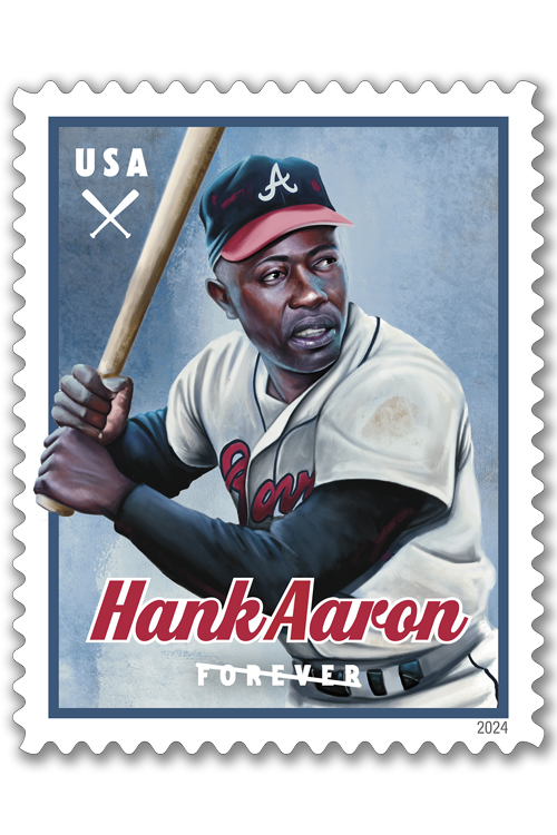 The Hank Aaron stamp features a digital portrait of the baseball great in his right-hand batting stance.