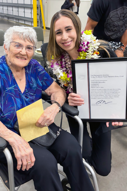 Makawao, HI, Postmaster Danielle Boteilho, right, with her grandmother, Anita Boteilho, the retired Paia, HI, postmaster