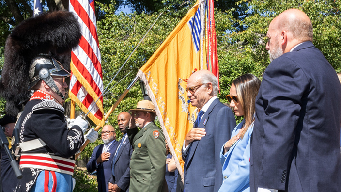 The colors are presented at the First Continental Congress, 1774, stamp dedication ceremony on Sept. 5.