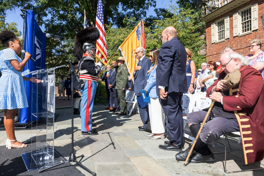 The colors are presented at the First Continental Congress, 1774, stamp dedication ceremony on Sept. 5.