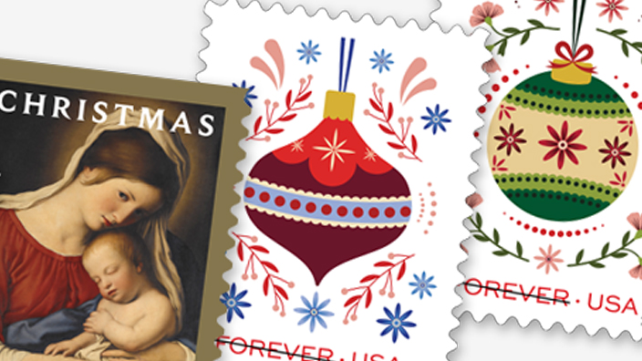 The Holiday Joy stamps will depict colorful Christmas ornaments, a poinsettia and a snowflake, while Christmas Madonna and Child will feature an oil painting from the workshop of the 17th century Italian artist Giovanni Battista Salvi.