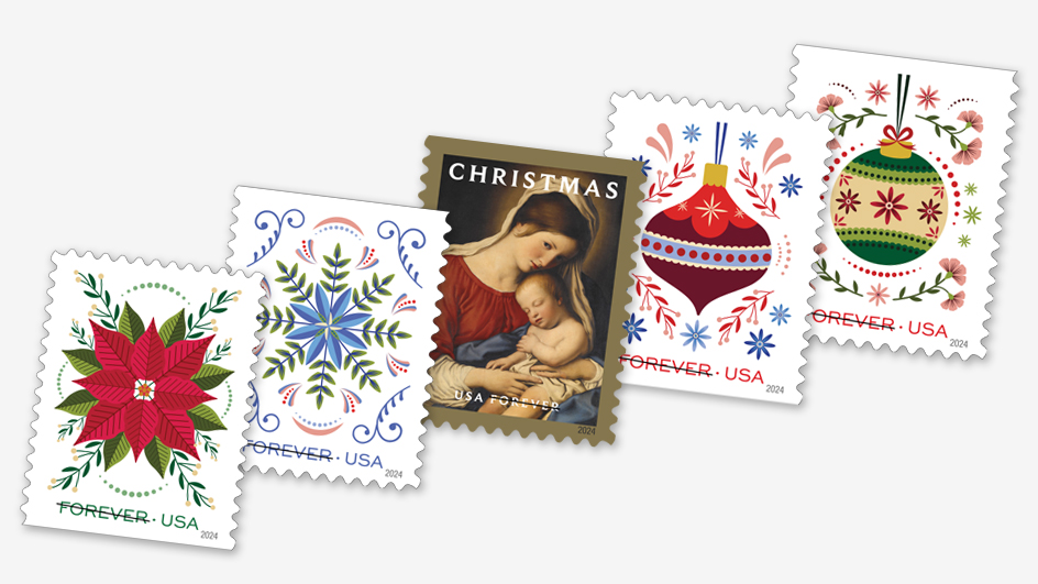 The Holiday Joy stamps will depict colorful Christmas ornaments, a poinsettia and a snowflake, while Christmas Madonna and Child will feature an oil painting from the workshop of the 17th century Italian artist Giovanni Battista Salvi.