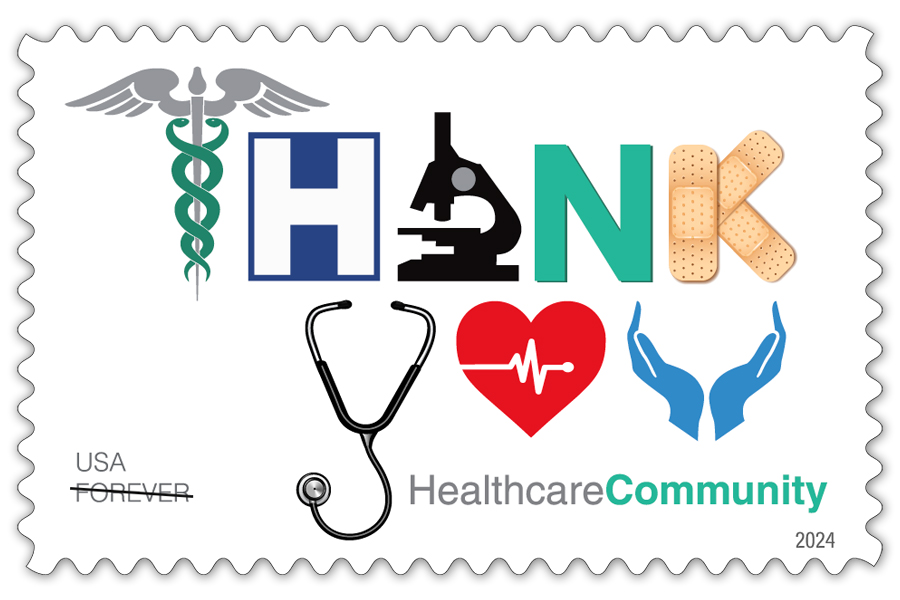 The Thank You, Healthcare Community Stamp will show health-related icons spelling out the words “thank you.”