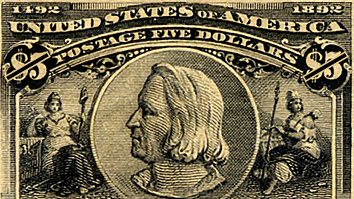 A sepia-toned image of the USPS Christopher Columbus stamp issued in 1893.