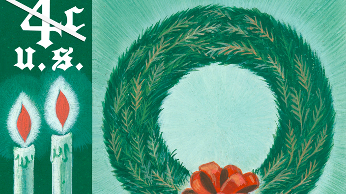 The 1962 Christmas stamp featured a simple drawing of a wreath accompanied by two lighted tapers.