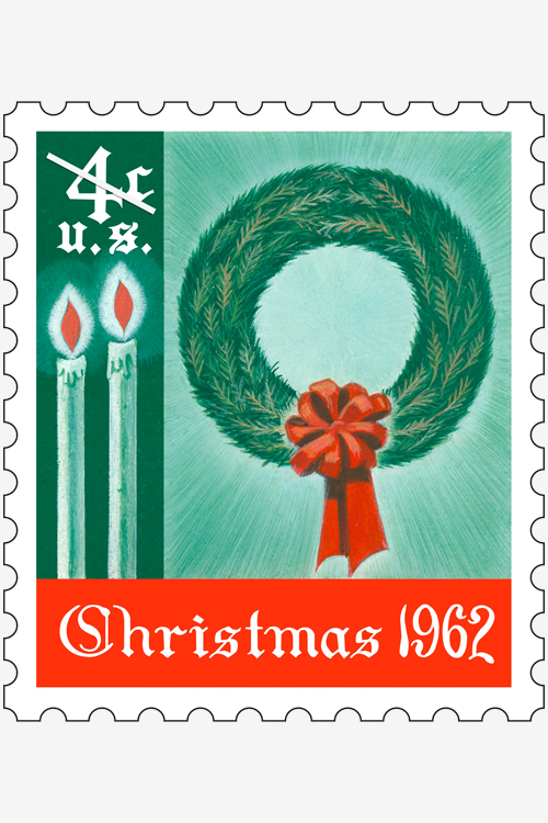 The 1962 Christmas stamp featured a simple drawing of a wreath accompanied by two lighted tapers.