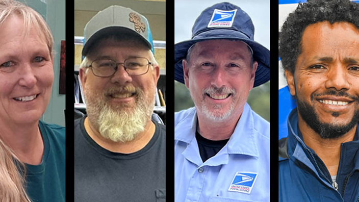 USPS employees who recently performed heroic acts include, from left, Candace Rogge, Dennis Bergsbaken, Jack Young and Tesfaye Deyasso.