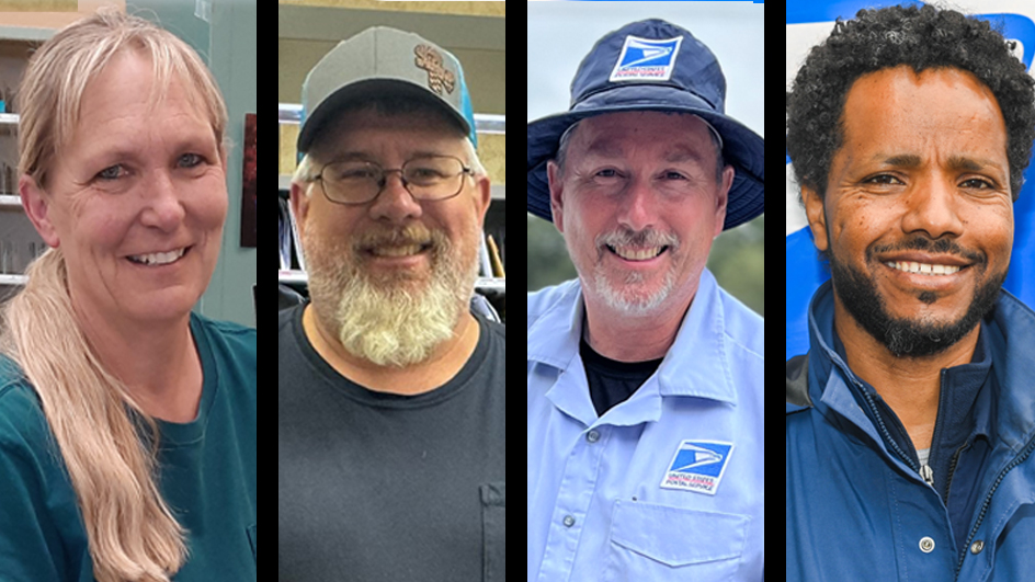 USPS employees who recently performed heroic acts include, from left, Candace Rogge, Dennis Bergsbaken, Jack Young and Tesfaye Deyasso.