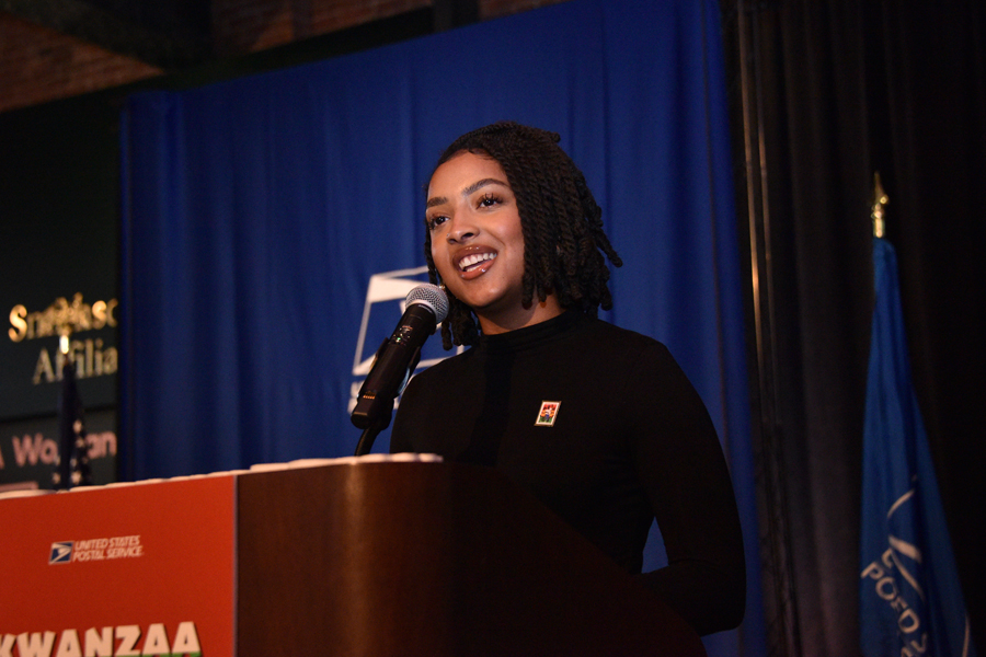 Vocalist Anyah Nancy performs at the Postal Service’s Kwanzaa stamp ceremony on Sept. 25.