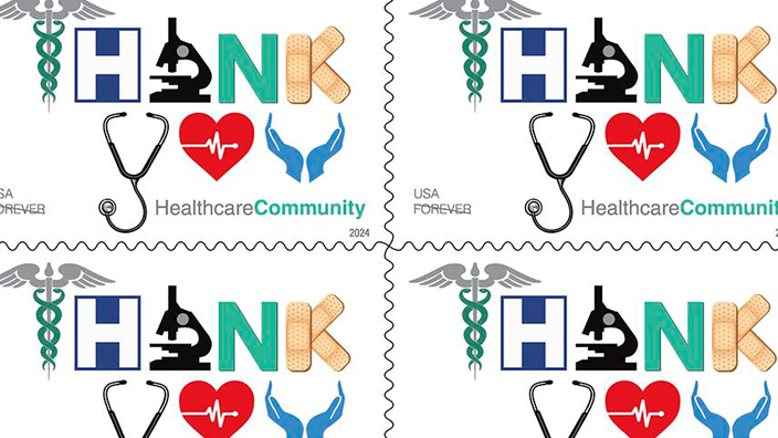 A pane of 20 USPS Thank You, Healthcare Community stamps