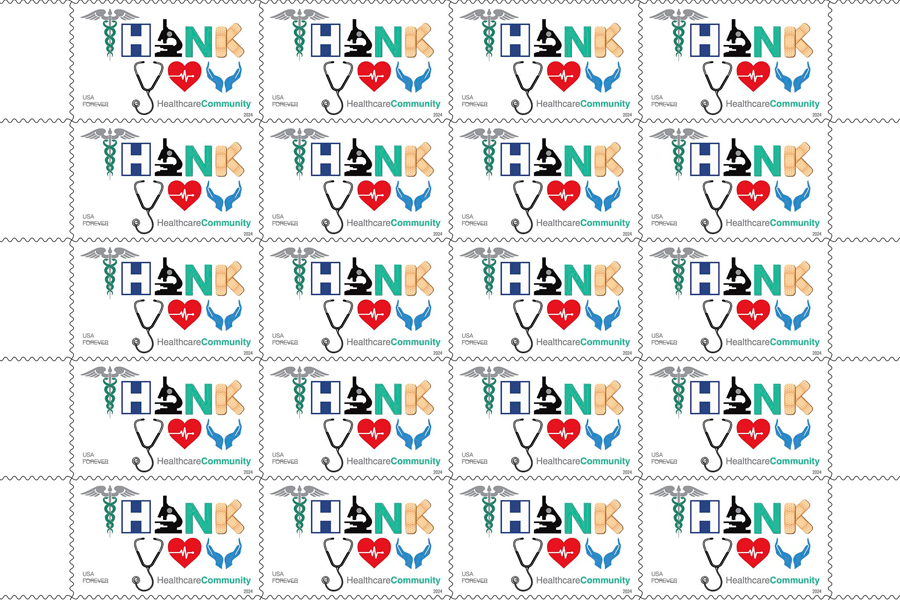 A pane of 20 USPS Thank You, Healthcare Community stamps