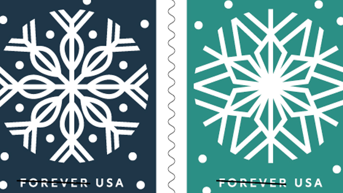 A block of four USPS Winter Whimsy stamps show representations of snowflakes.