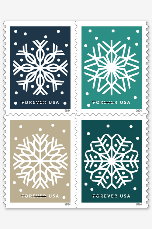 A block of four USPS Winter Whimsy stamps show representations of snowflakes.